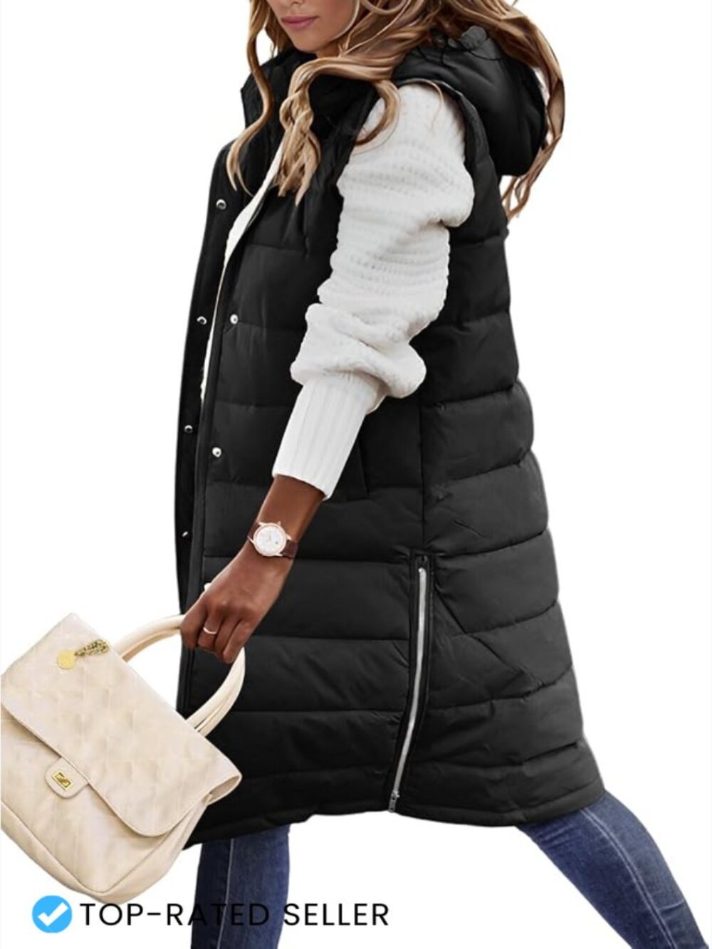 Long Quilted Puffer Vest Hooded Sleeveless Winter Jacket Loose Fit Warm Layering